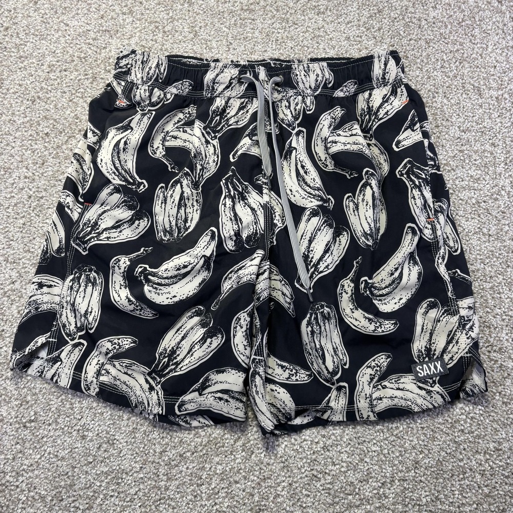 SAXX Shorts Mens Medium Black Banana Print Oh Buoy 2N1 Swim Trunks Volley‎ 7"
